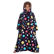 18C835: Older Girls Spots Print Hooded Plush Fleece Long Line Poncho (One Size - 7-13 Years)